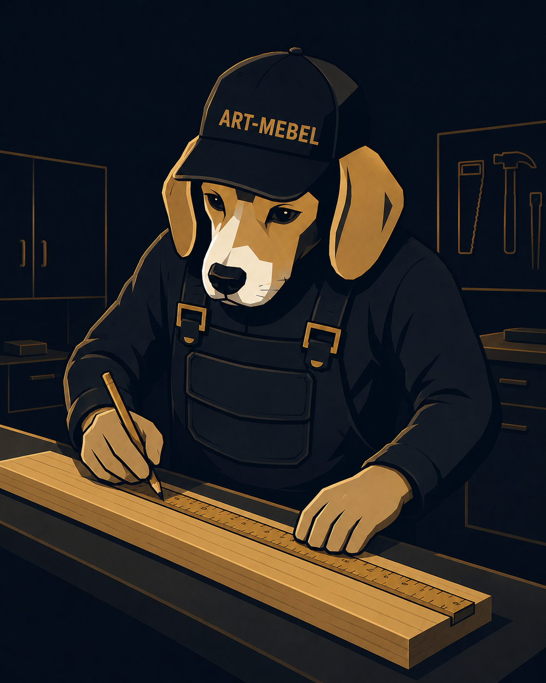 Maskotka ART-MEBEL — pies stolarz odmierza deskę