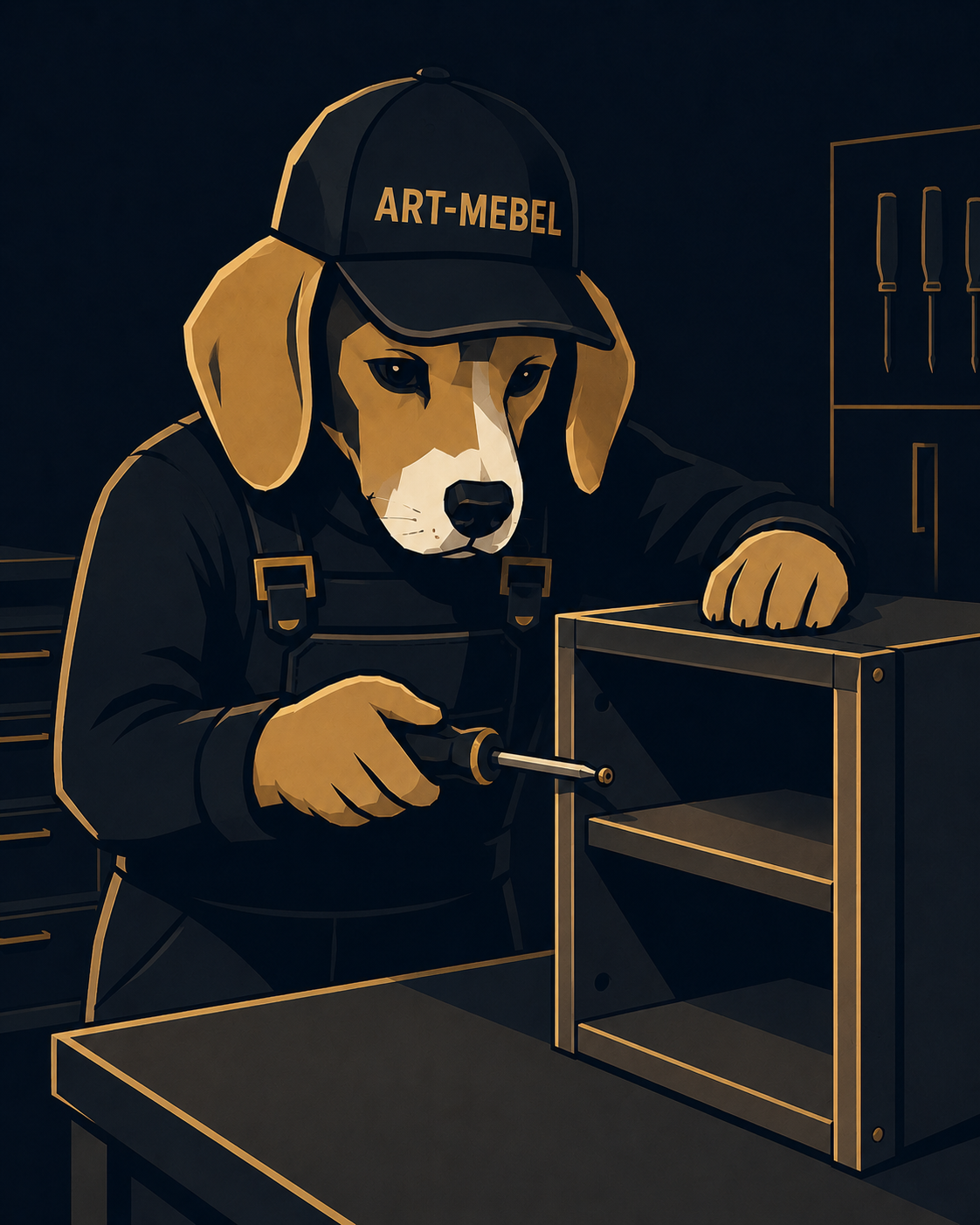 Maskotka ART-MEBEL — pies stolarz skręca szafkę