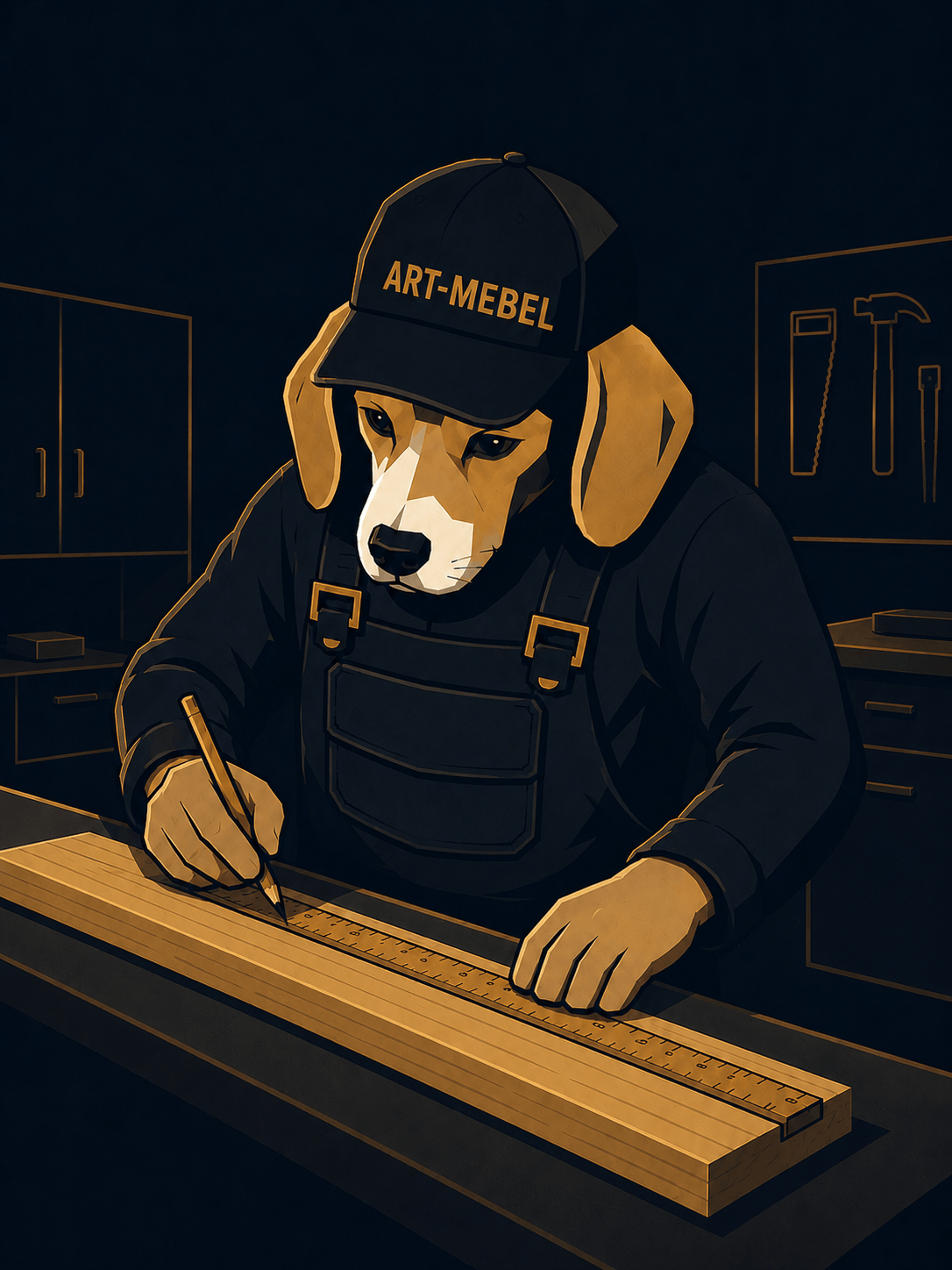 Maskotka ART-MEBEL — pies stolarz odmierza i trasuje deskę