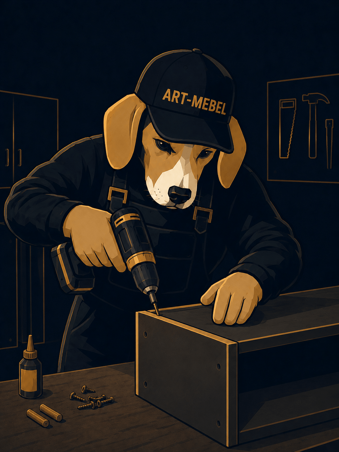 Maskotka ART-MEBEL — pies stolarz wierci w korpusie mebla